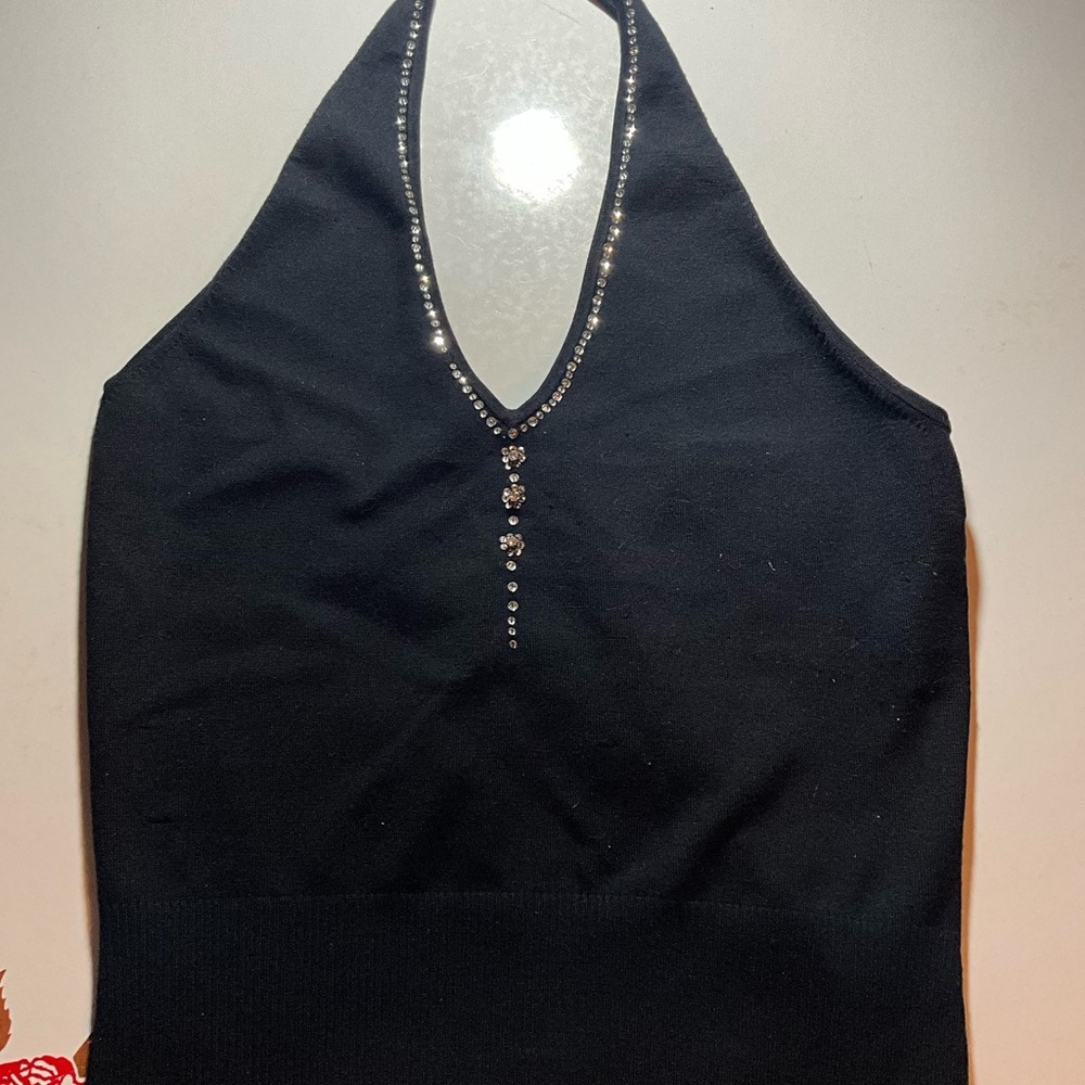 Cache Black Silk Blend Rhinestone Top